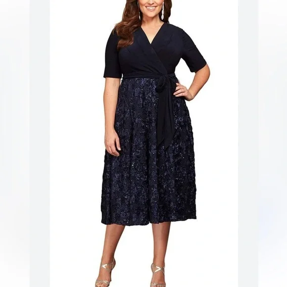 Alex Evenings | Dresses | Alex Evenings Tea Length A Line Mock Formal Dress Sequined Rosette Wrap Navy 2 | Poshmark Alex Evenings | Dresses | Alex Evenings Tea Length A Line Mock Formal Dress Sequined Rosette Wrap Navy 2 | Poshmark